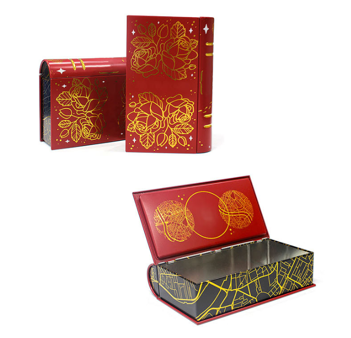 Custom book-shaped candy and chocolate tin box overview