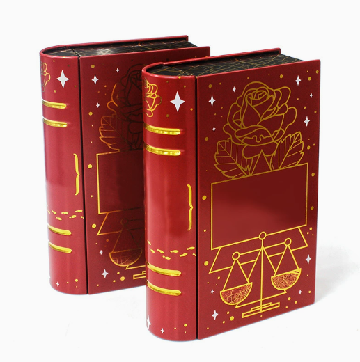 Custom book-shaped gift tin box closed view