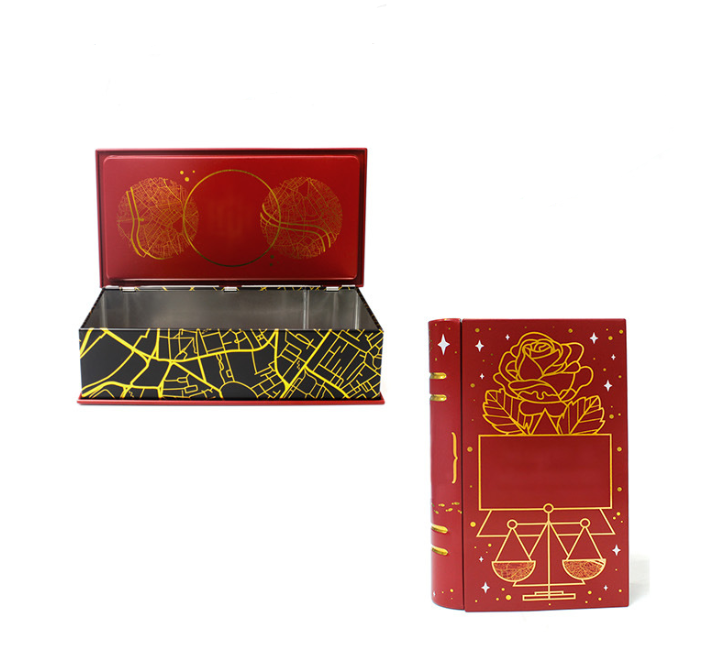 Custom book-shaped tin box open view and upright display