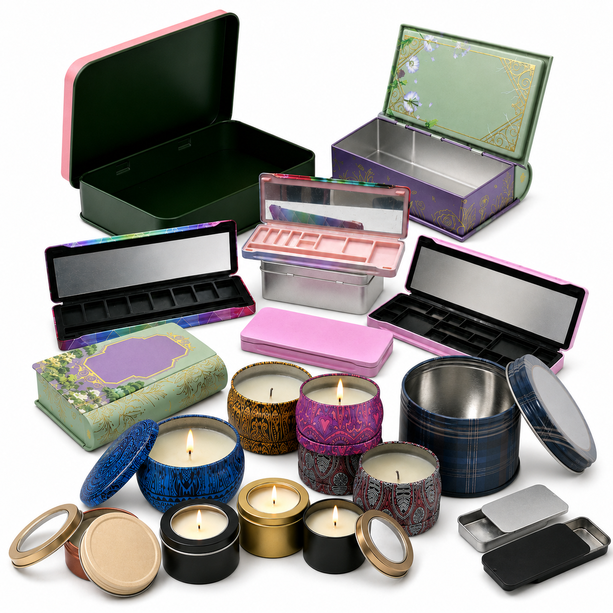 Custom cosmetic and candle tins for beauty products, makeup palettes and scented candles