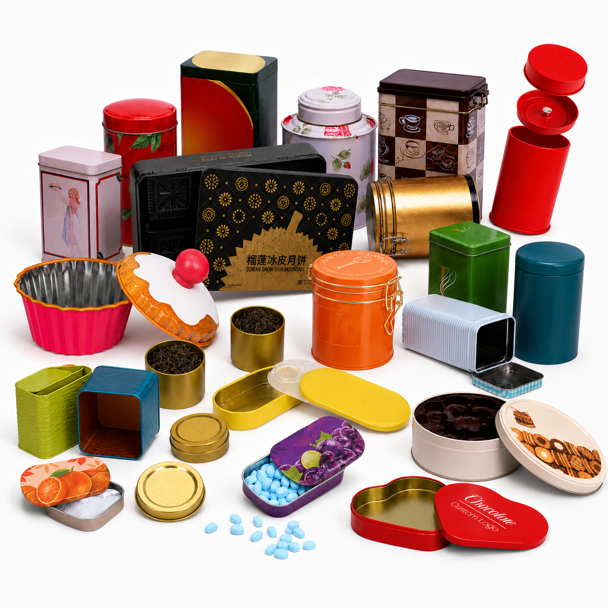 Custom food tin boxes for cookies, chocolate, candy, tea, coffee and confectionery packaging