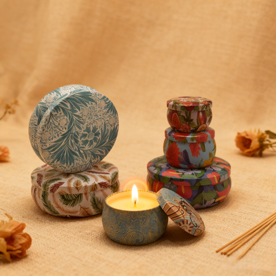 Custom scented candle tins in lifestyle scene for home fragrance packaging