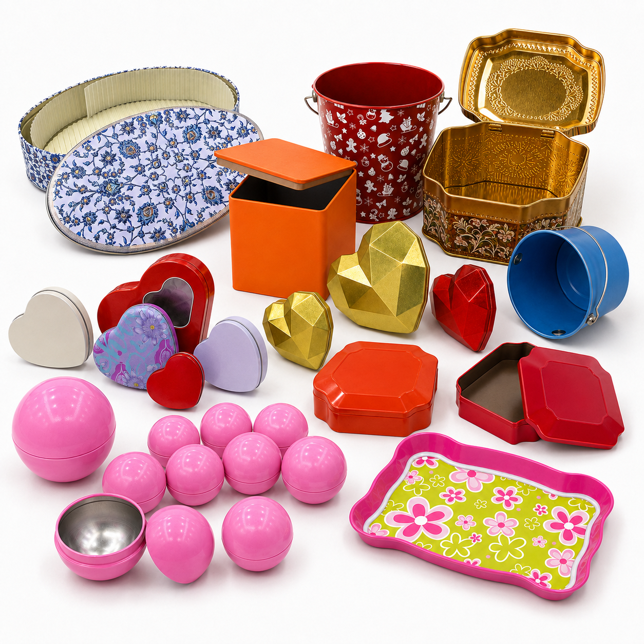 Custom tin boxes in round, square, heart, ball, bucket and specialty shapes