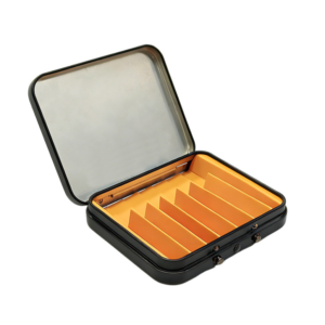 Custom 7-pack child-resistant pre-roll tin box with push-button lock and inner tray open view