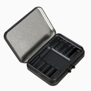 Custom child-resistant rectangular tin box with hinged lid and inner tray open view