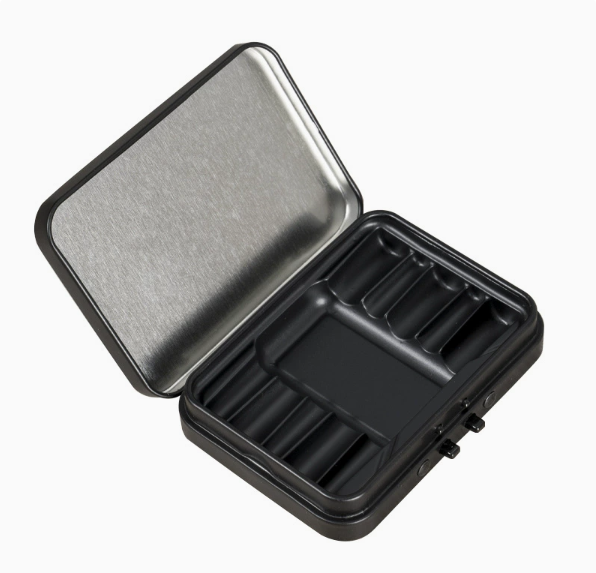 Custom child-resistant rectangular tin box with hinged lid and inner tray open view