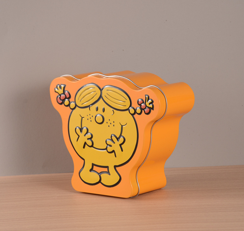 Custom irregular shaped candy tin box angle view for candy and gift packaging