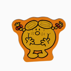 Custom irregular shaped candy tin box front view with cartoon embossed design