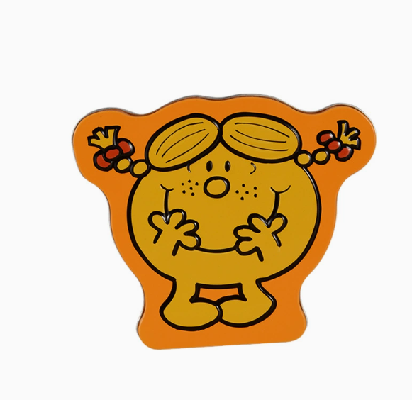 Custom irregular shaped candy tin box front view with cartoon embossed design