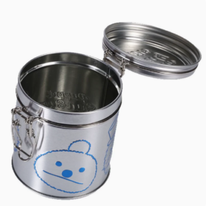 Custom round airtight food tin can open view with hinged clip lock lid