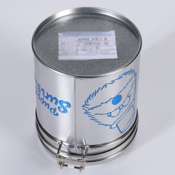 Custom round airtight food tin can top view with clip lock lid