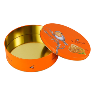 Custom round cookie biscuit tin box open view with lid