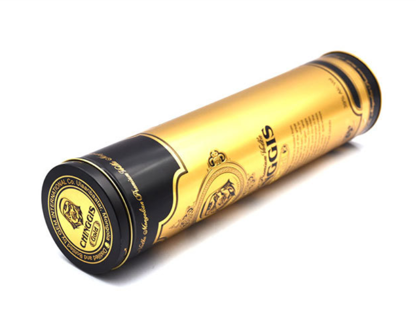 Gold and black round wine gift tin tube closed view for premium packaging