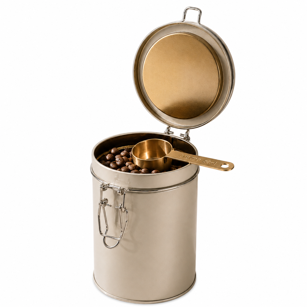 250g coffee bean tin with open clamp lid and measuring scoop