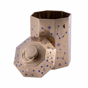 Custom octagonal lantern gift tin with star and moon perforations