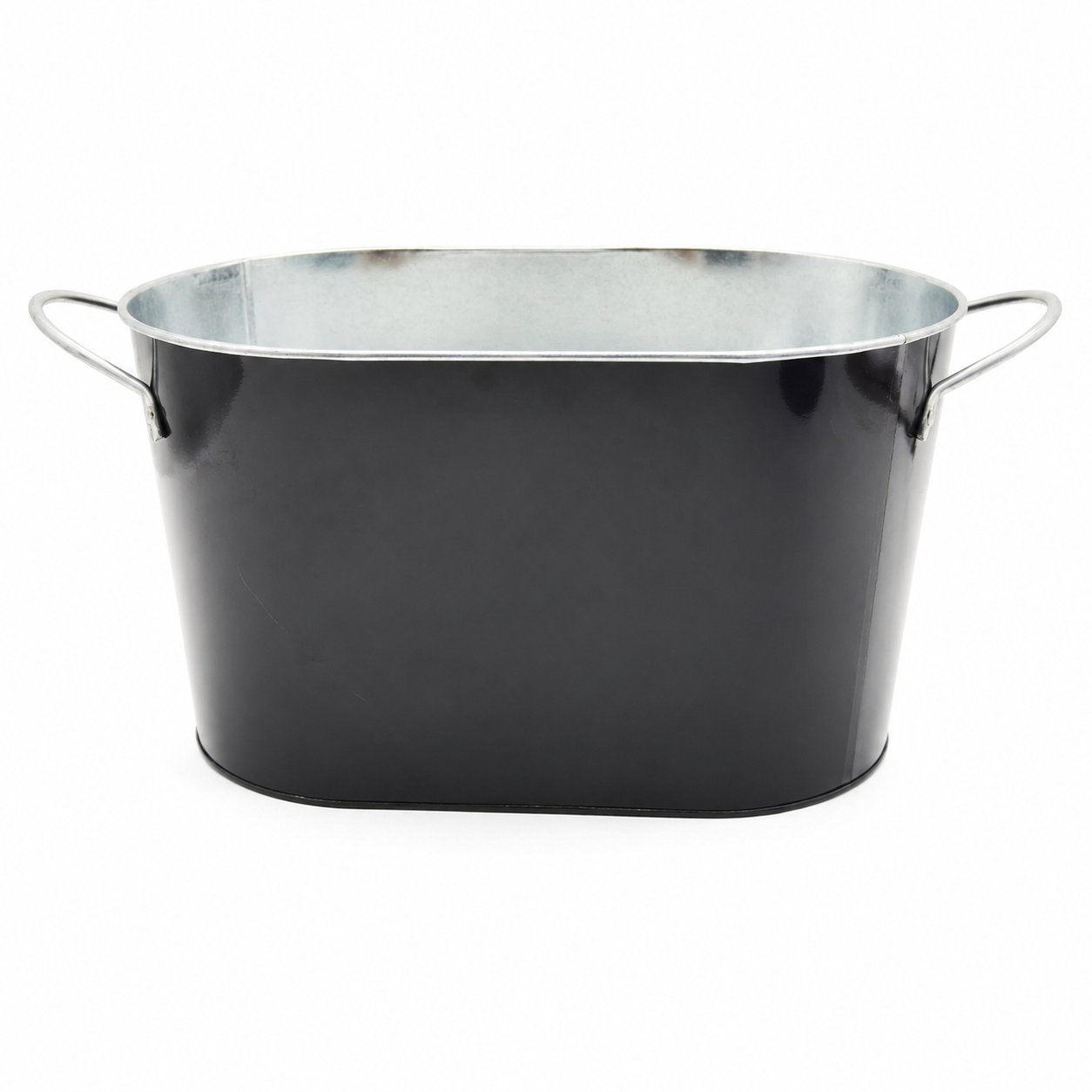 Black oval beverage ice bucket with two metal carrying handles