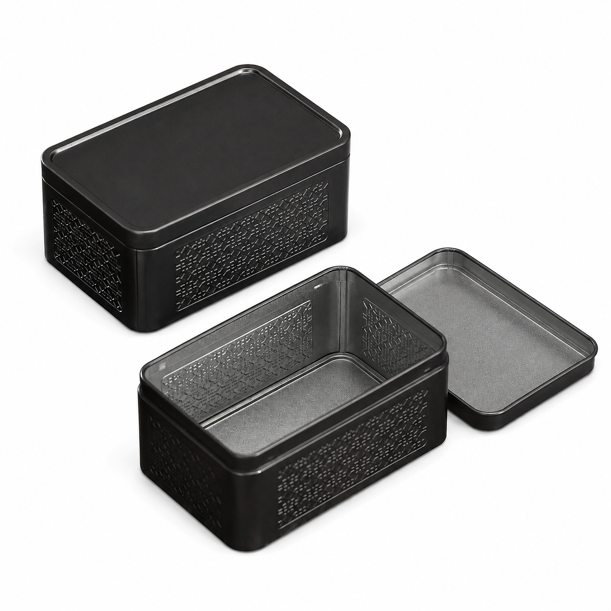 Black rectangular perfume tin box shown open and closed