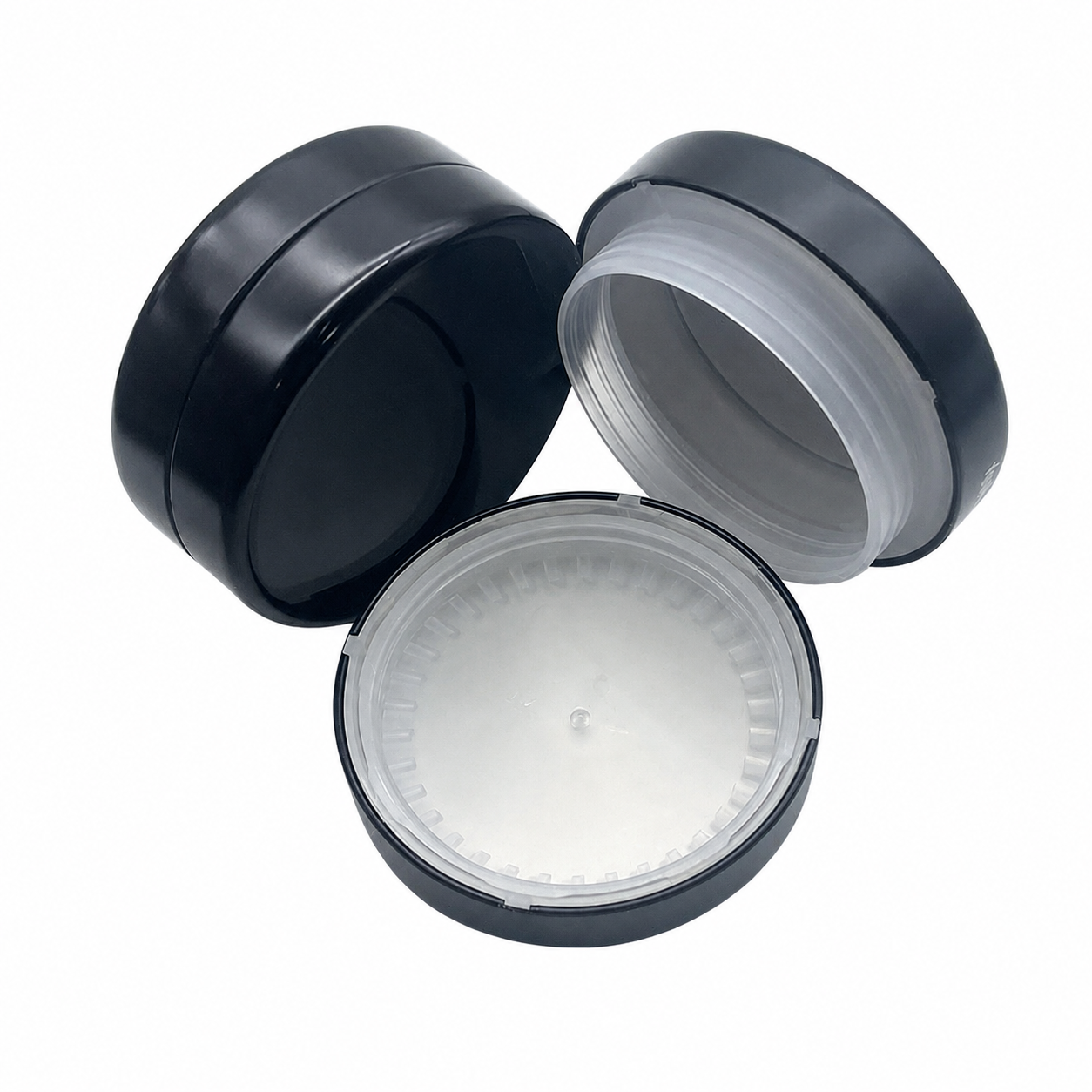 Child-resistant screw-top tin box showing lid body and locking components