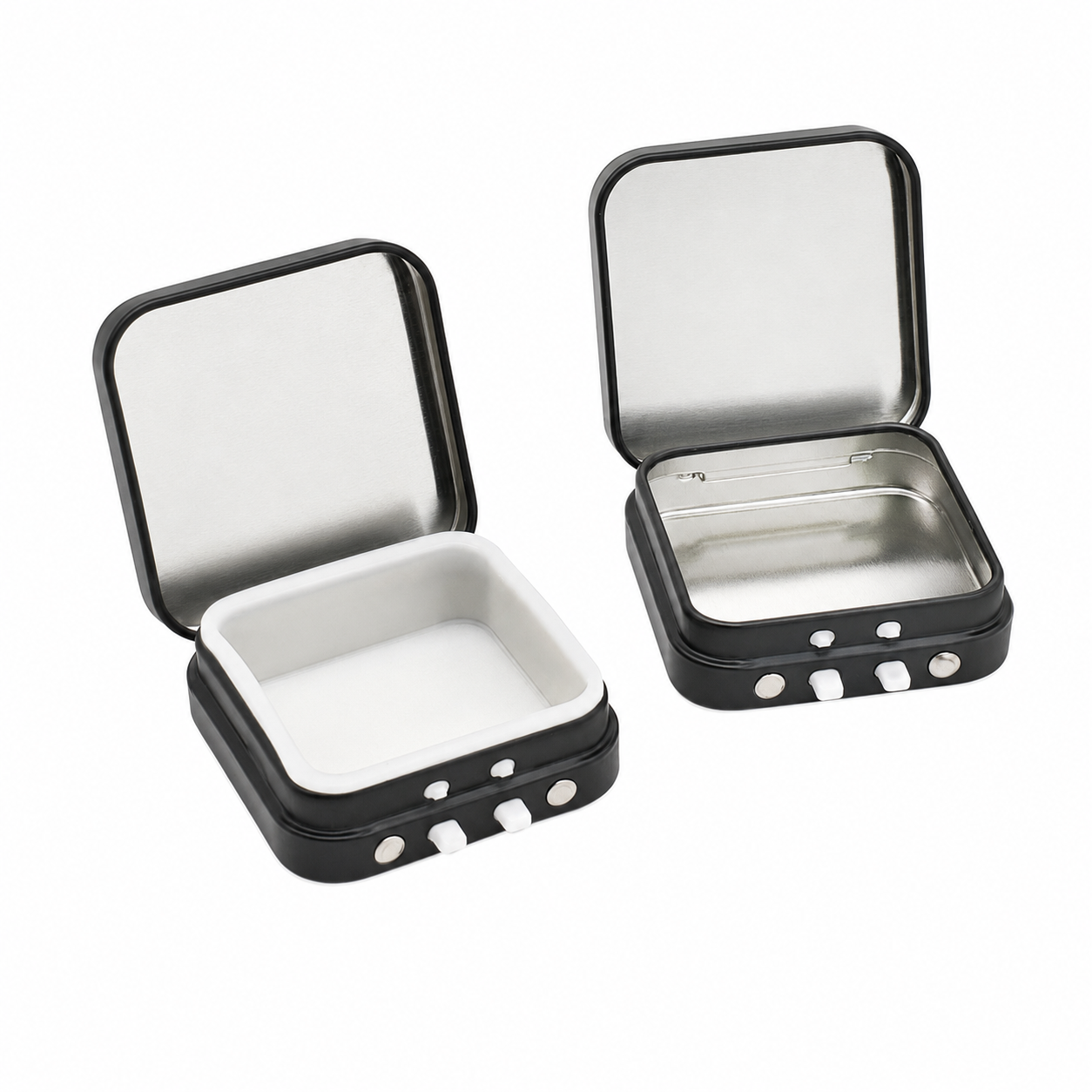 Child-resistant tin box with optional white plastic insert