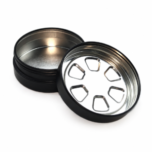 Custom round child-resistant screw-top pill tin shown open