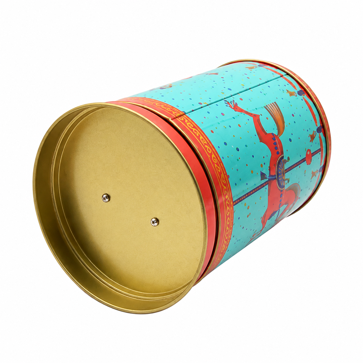 Bottom view of Christmas music gift tin showing mechanism mounting points