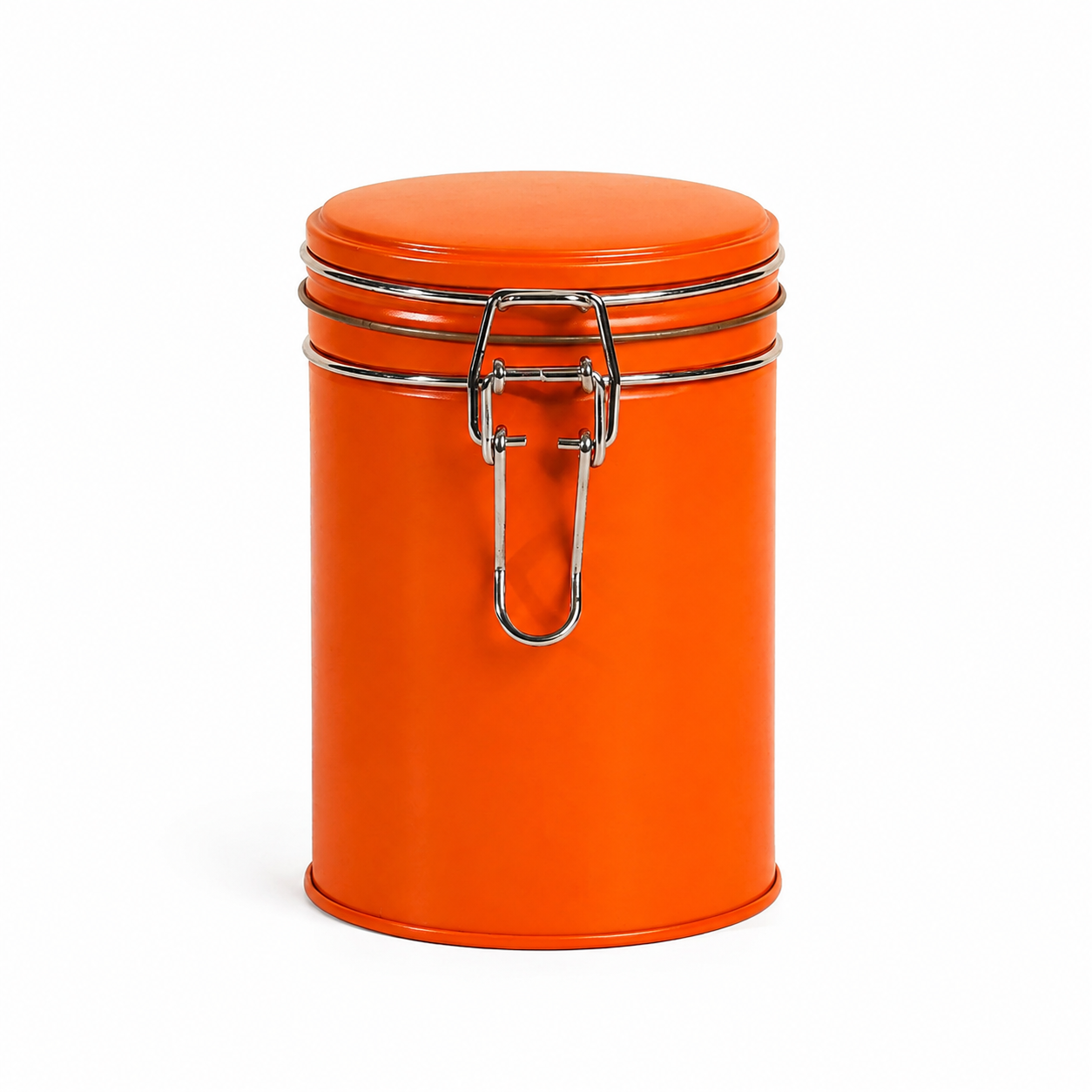 Closed 250g coffee storage tin with wire clamp closure