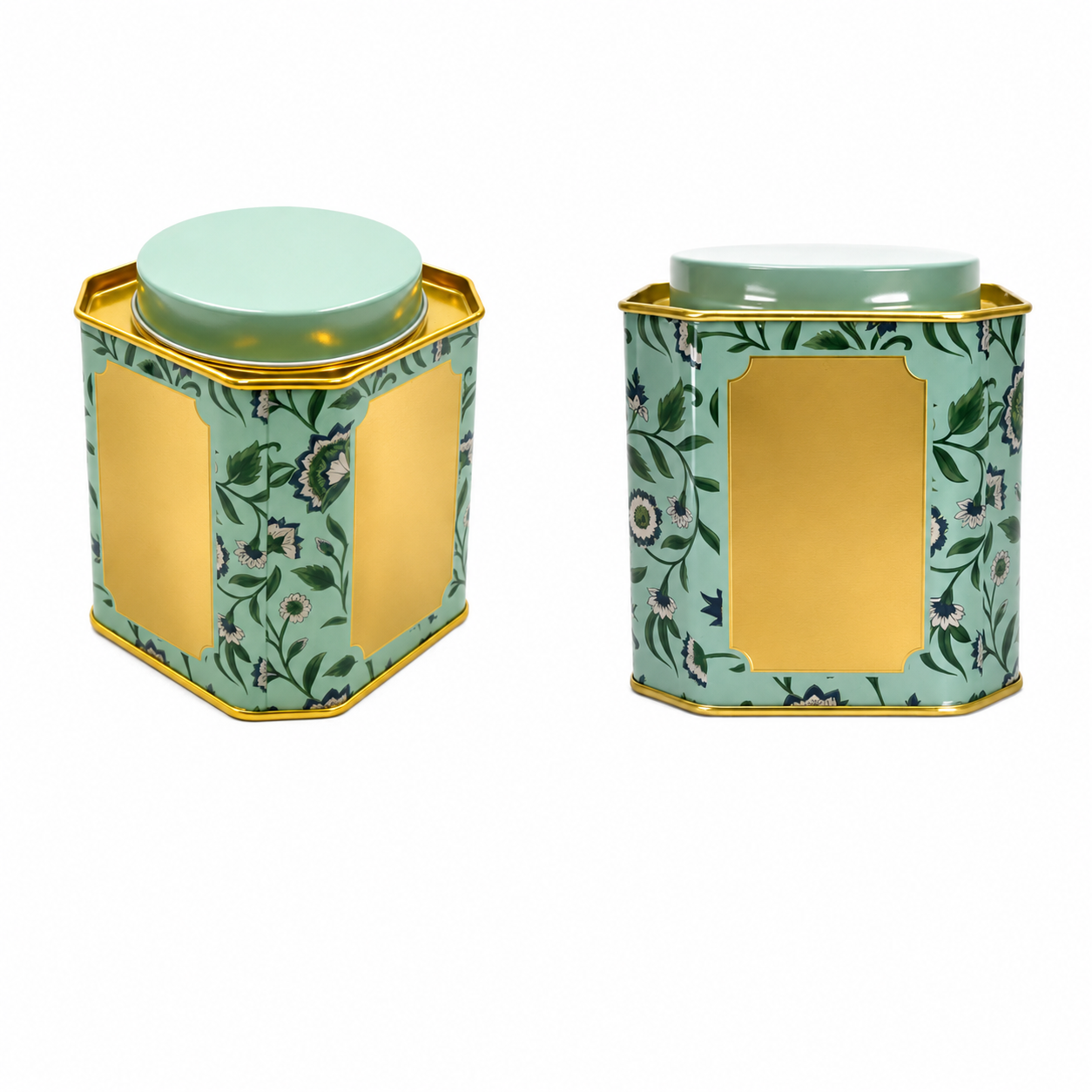Closed hexagonal tea storage tin with raised round lid