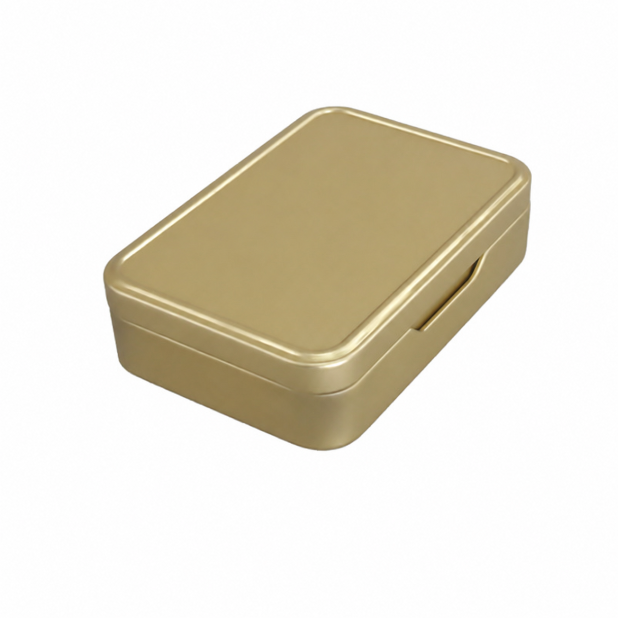 Closed rectangular cleansing balm tin box with front finger notch