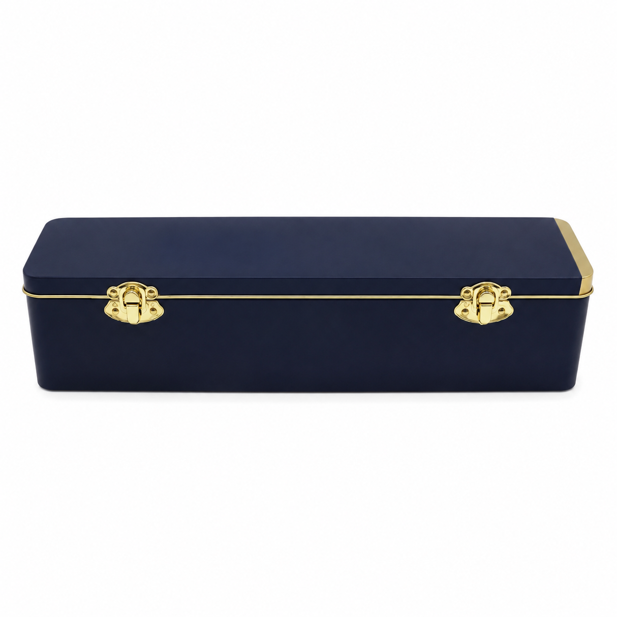 Closed rectangular spirit bottle tin box with two metal latches