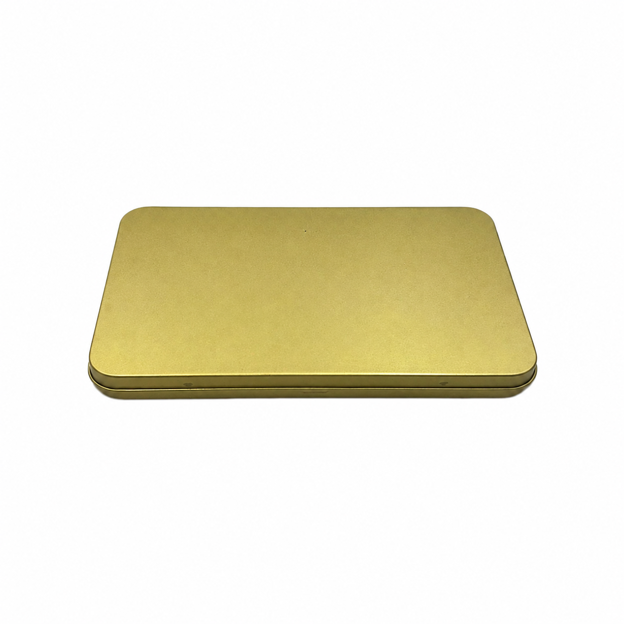 Closed slim rectangular chocolate tin box with gold finish