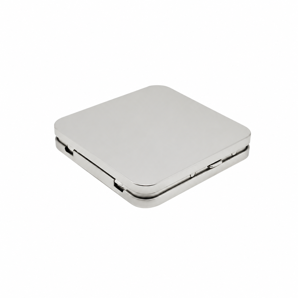 Closed square child-resistant tin box with front button lock