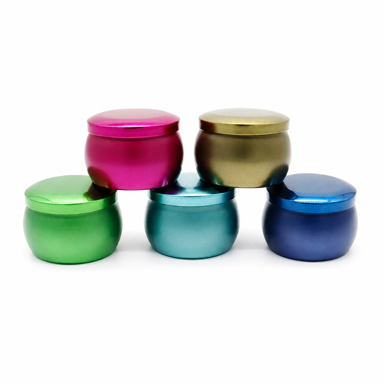 Colored belly shaped candle tin collection with removable lids