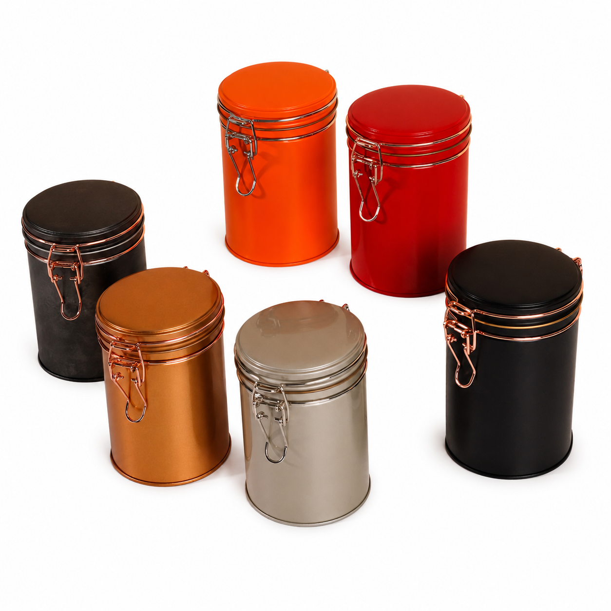 Colored coffee and tea tins with hinged clamp lids