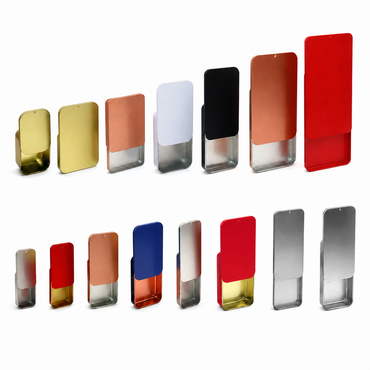 Colored sliding lid tin boxes for solid perfume mints and cosmetics