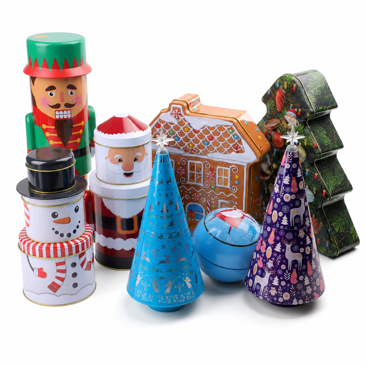 Creative Christmas shaped gift tins including trees, snowmen and candy containers
