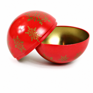 Custom Christmas ball candy tin box displayed open