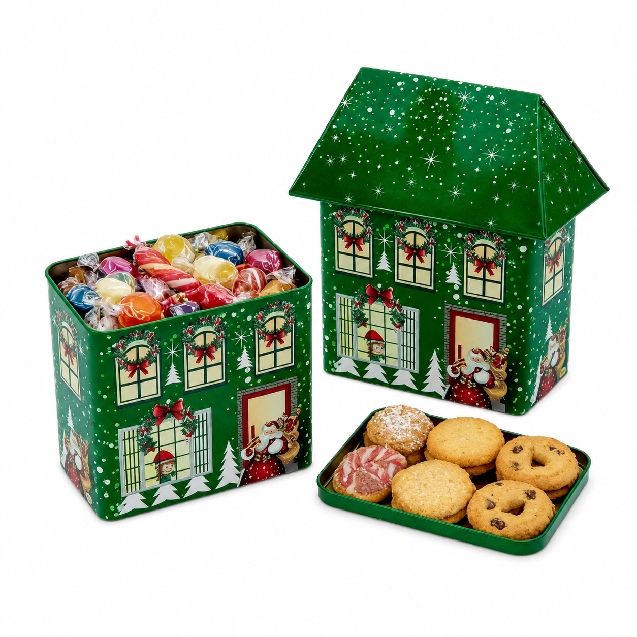 Custom Christmas house shaped food tin for candy and cookies