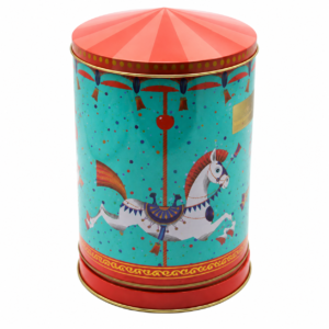 Custom Christmas music gift tin box measuring 128 mm in diameter and 204 mm high