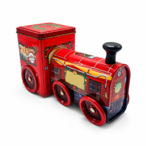 Custom Christmas train shaped tin box with decorative wheels