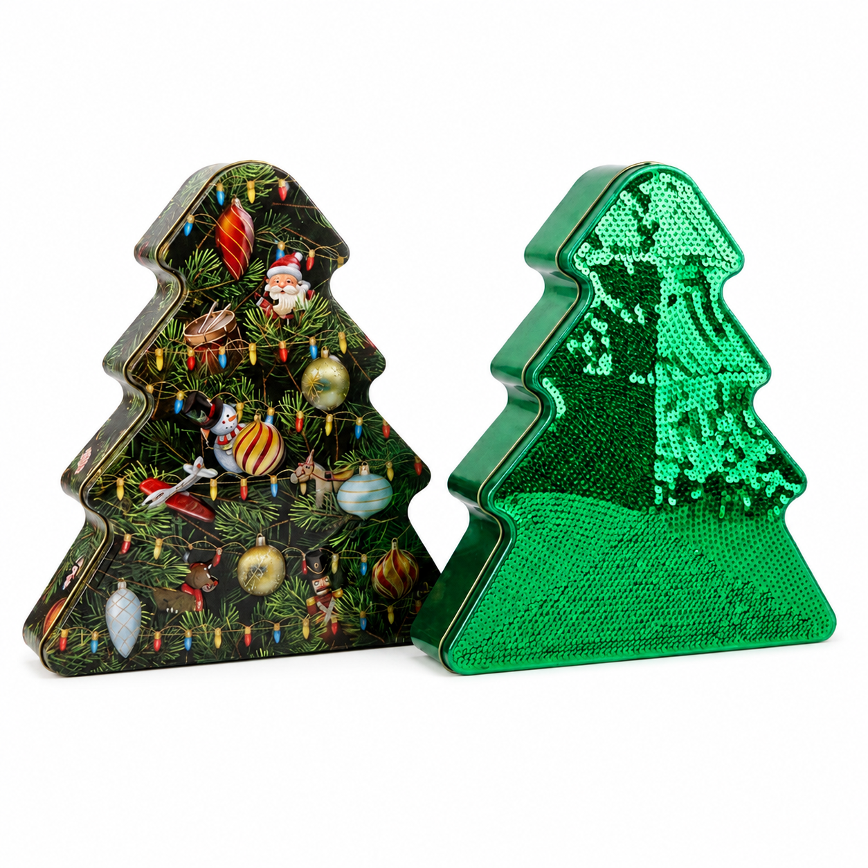 Custom Christmas tree shaped tin boxes with decorative finishes