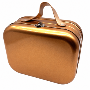 Custom cosmetic tin case with handle and metal latch