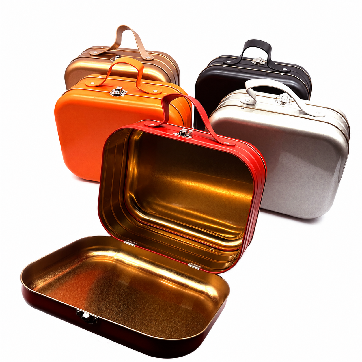 Custom cosmetic tin cases with handles in multiple colors