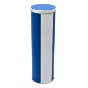 Custom cylindrical liquor tin box measuring 83 mm in diameter and 300 mm high