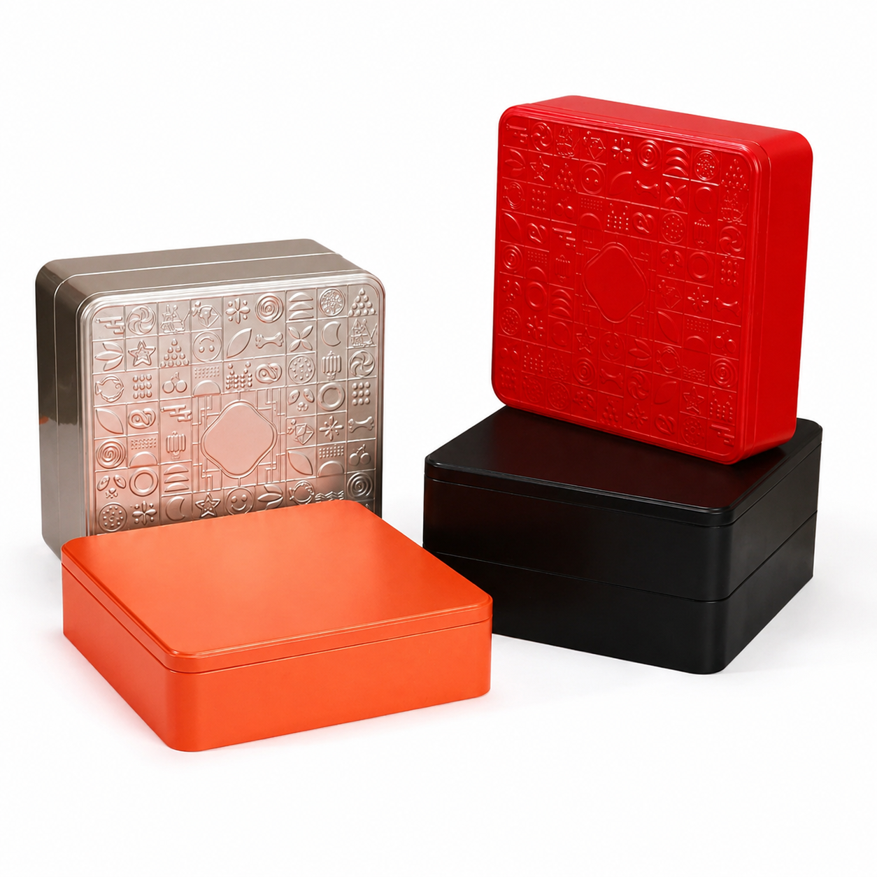 Custom double layer food tin boxes in assorted colors and embossed designs