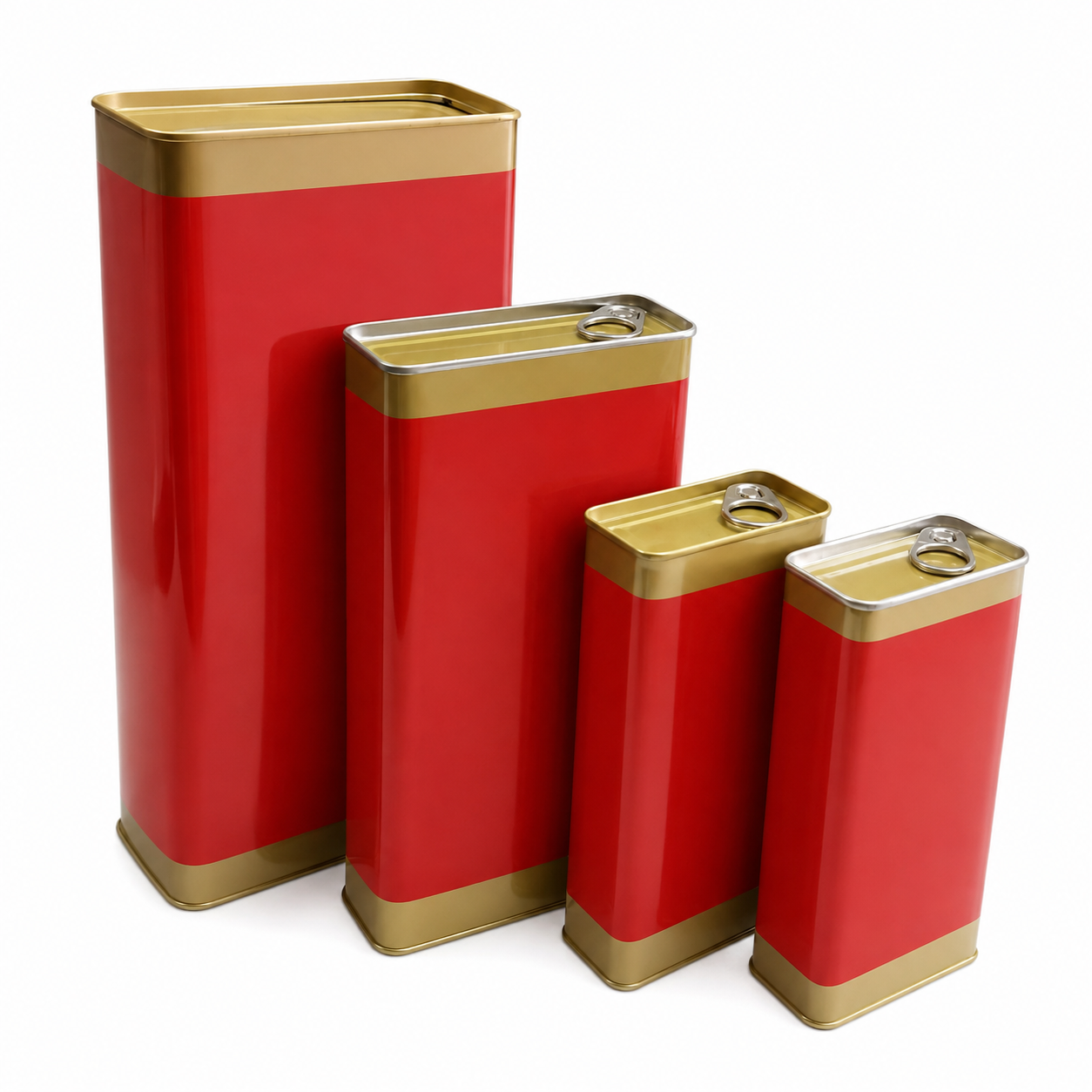 Custom full-open easy-open tin cans in multiple rectangular sizes