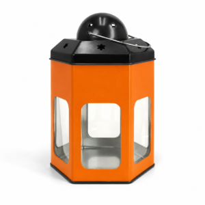 Custom hexagonal Halloween lantern tin with windows and hanging handle