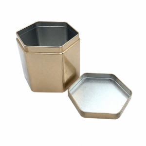 Custom hexagonal tea tin box displayed open with removable slip lid