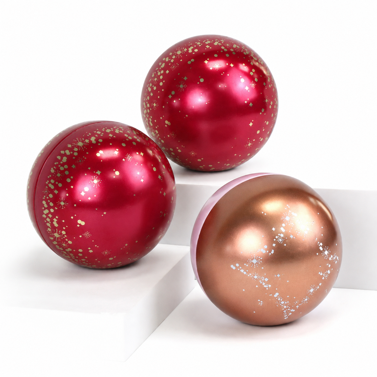 Open round Christmas gift tin box with red and gold stripe design