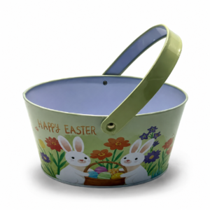 Custom oval Easter tin bucket with raised carrying handle