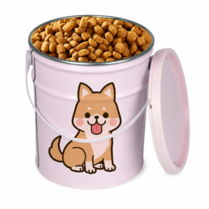 Custom pet food tin bucket with carrying handle and removable lid